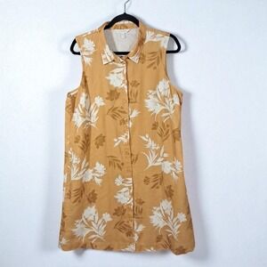 Garnet Hill Linen Full Button Shirt‎ Dress Size 16 Floral Yellow European Flax